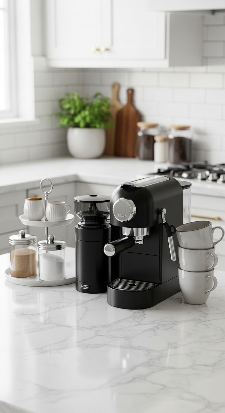 Beautifully organized coffee station on a white quartz kitchen countertop with an espresso machine tiered tray and stacked mugs