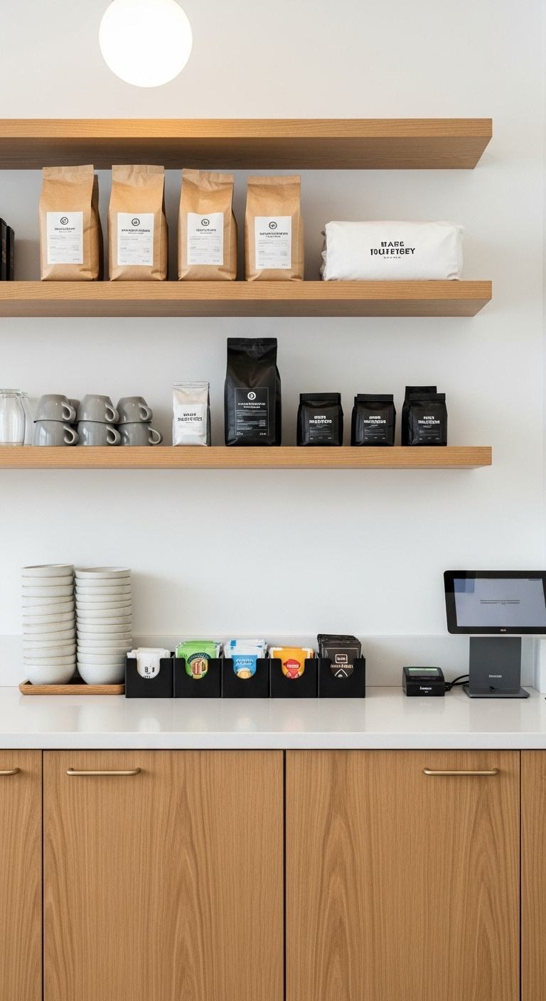 Beautifully organized front-of-house station with custom-built floating shelves displaying coffee beans and integrated handleless cabinets