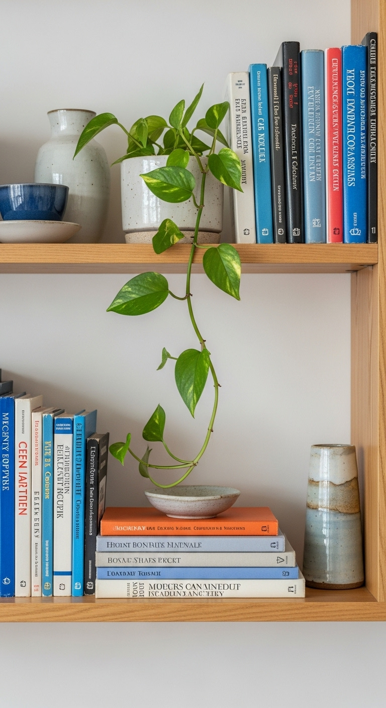 Beautifully organized light wood bookshelf with vintage books a trailing pothos plant and handcrafted ceramic pieces against a soft white wall