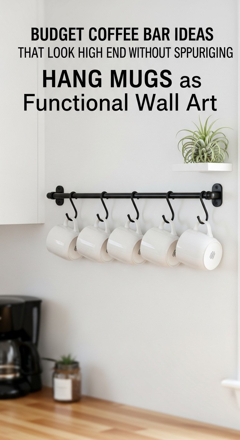 Budget Coffee Bar Ideas That Look High End Without Splurging 5 Beautifully organized wall above a coffee station featuring a black metal rail with five white ceramic mugs hanging neatly