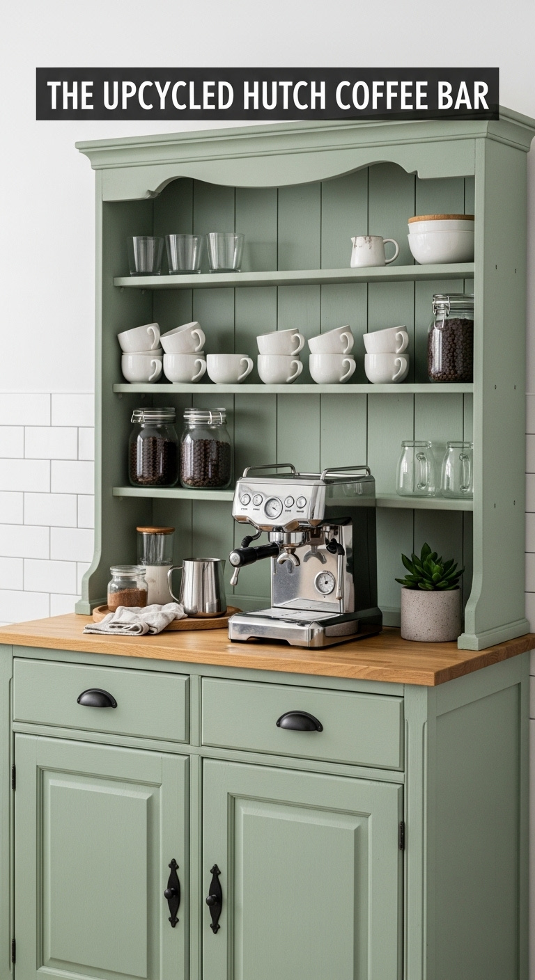 Beautifully refinished vintage sage green hutch with matte black hardware repurposed as a coffee bar with an espresso machine and mugs