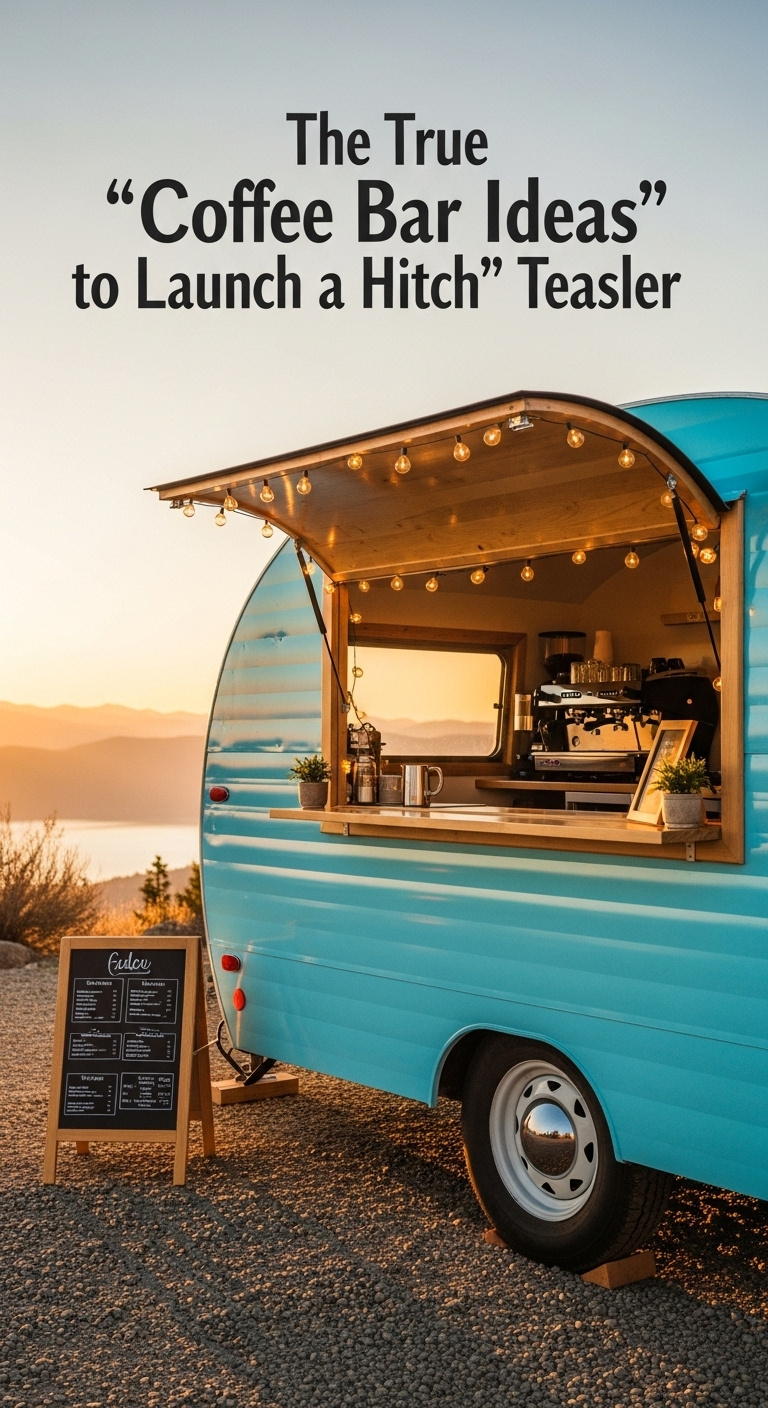 Beautifully restored pastel blue vintage teardrop trailer converted into a coffee bar hitched to a vehicle at sunset