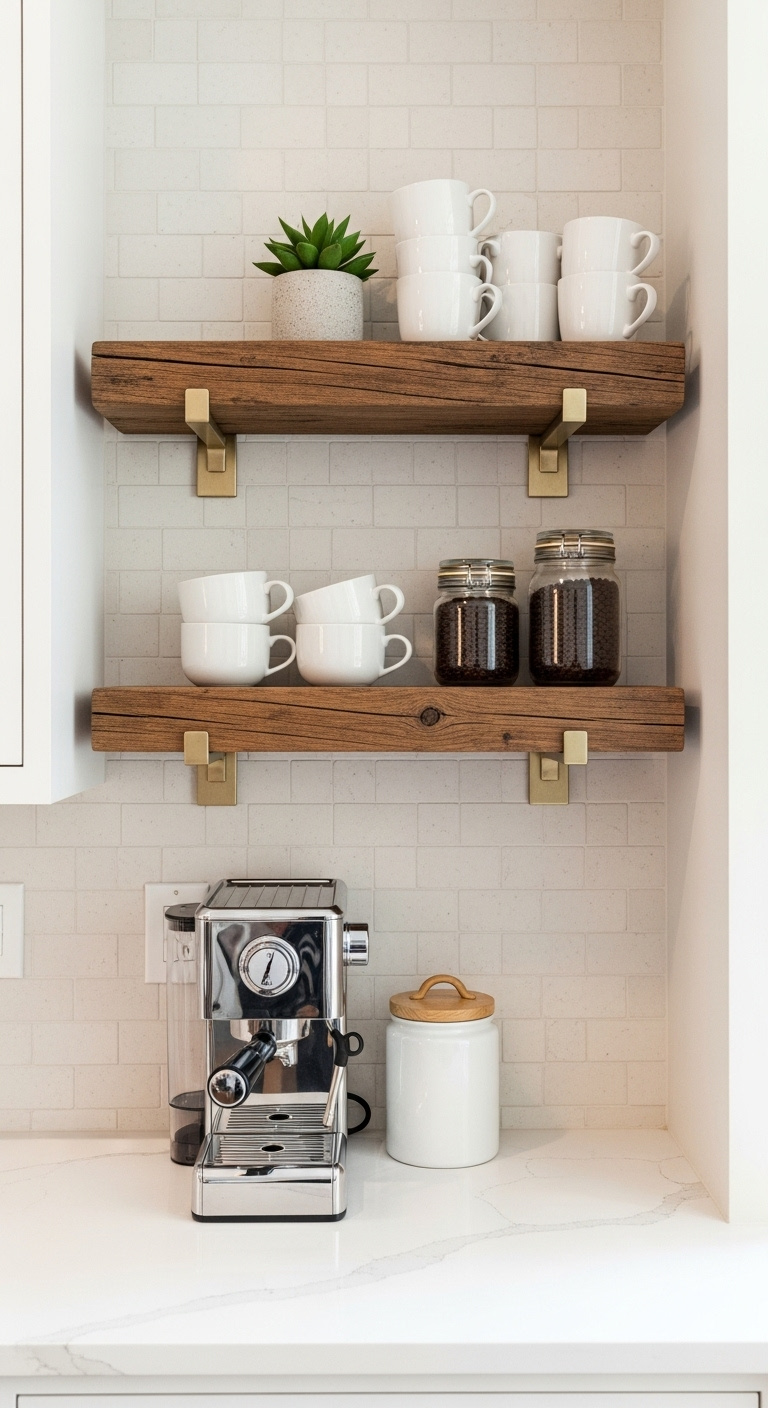 Beautifully styled coffee bar in a narrow kitchen nook with rustic wood floating shelves and a chrome espresso machine