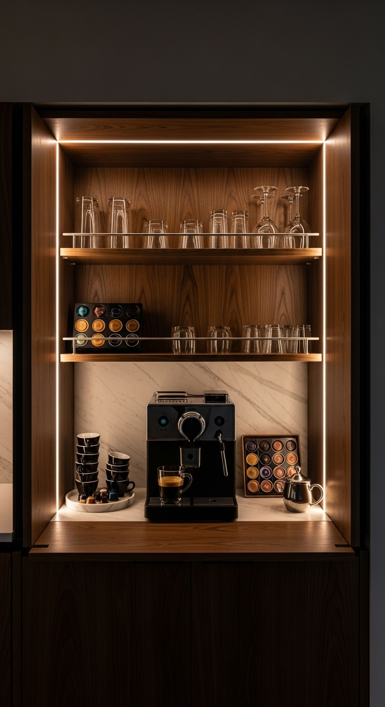 Beautifully styled coffee bar with Nespresso machine and organized accessories