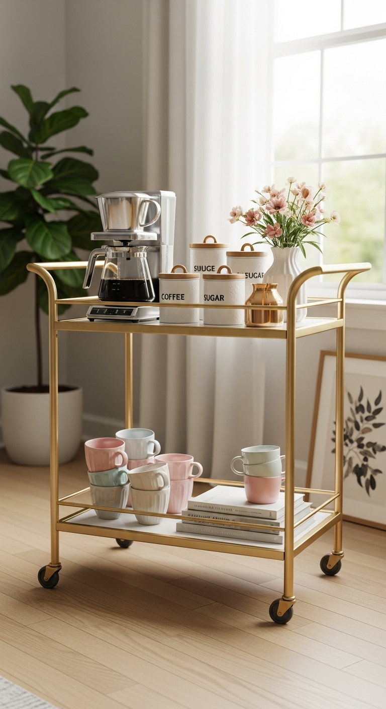 Beautifully styled two tier gold bar cart with a drip coffee maker canisters mugs and coffee table books in a living room corner