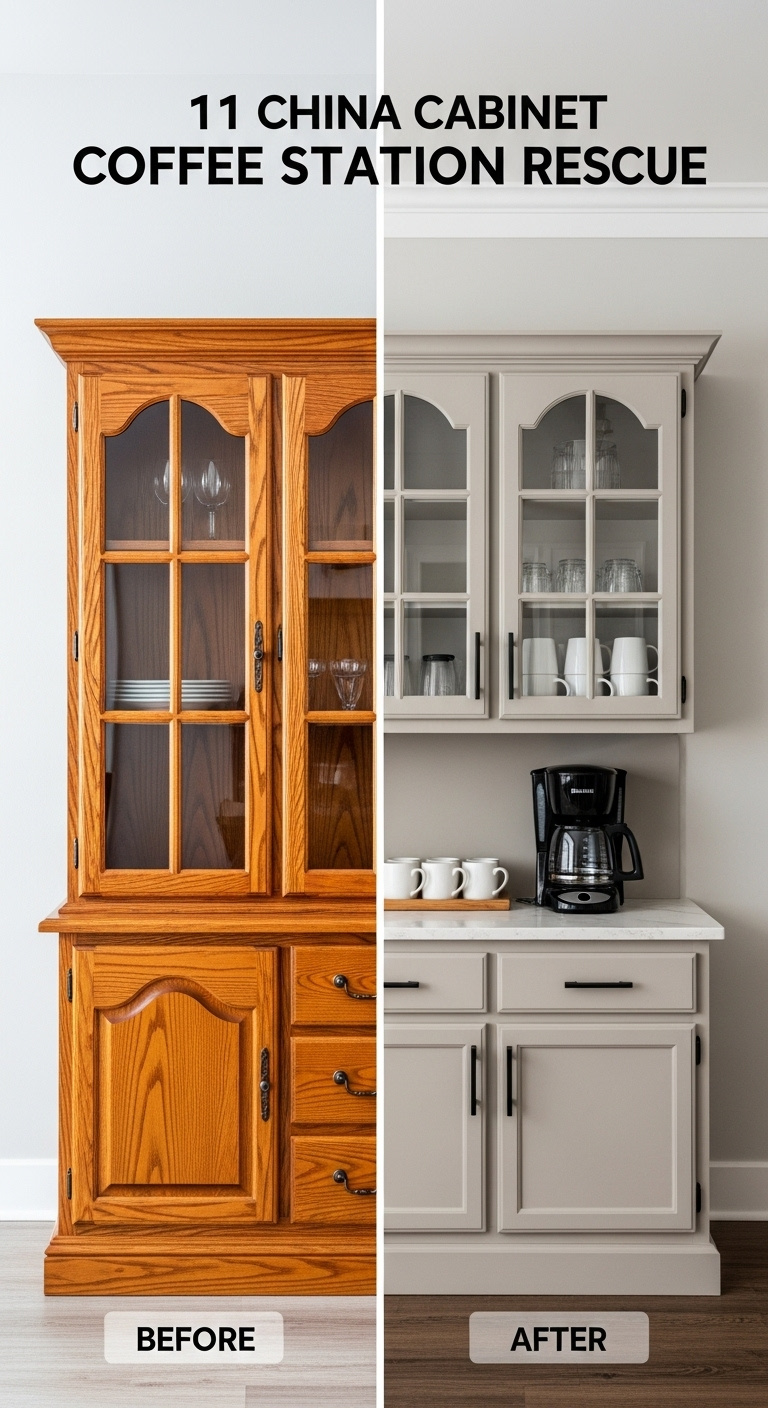 Before and after composite of an 80s honey oak china cabinet transformed into a greige coffee station with black pulls