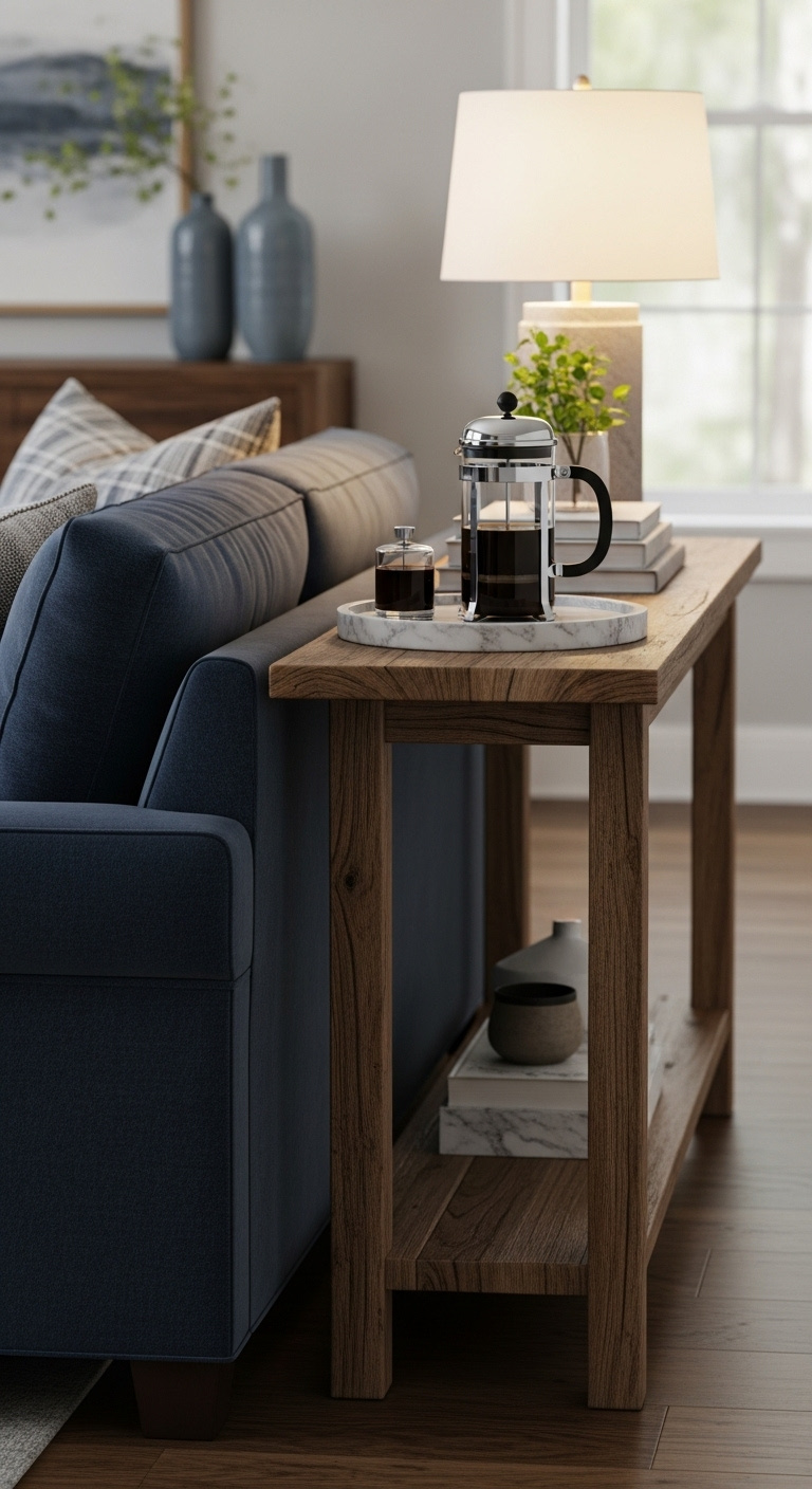 Behind the couch brew nook with a rustic console table featuring a French press and stylish living room decor