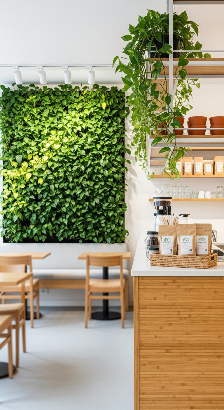 Biophilic nature inspired oasis coffee shop interior with living green wall sleek modern coffee bar and bamboo counter