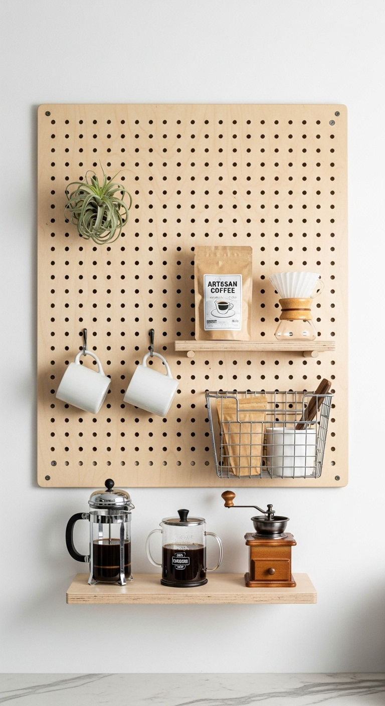 Birch plywood pegboard coffee organizer with mugs artisan coffee wire basket filters French press and grinder on a kitchen wall