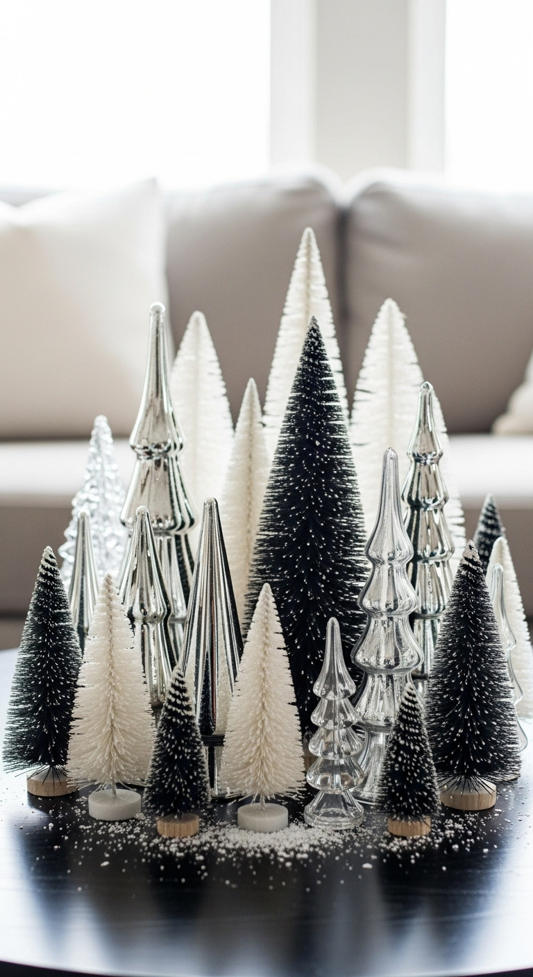 Black coffee table Christmas decor clustered glass bottle brush trees mercury glass faux snow silver black white whimsical holiday styling