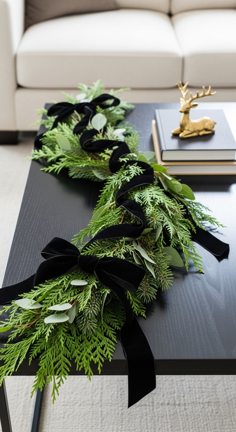 Black coffee table Christmas decor lush greenery black velvet ribbon elegant bow gold reindeer modern living room festive styling