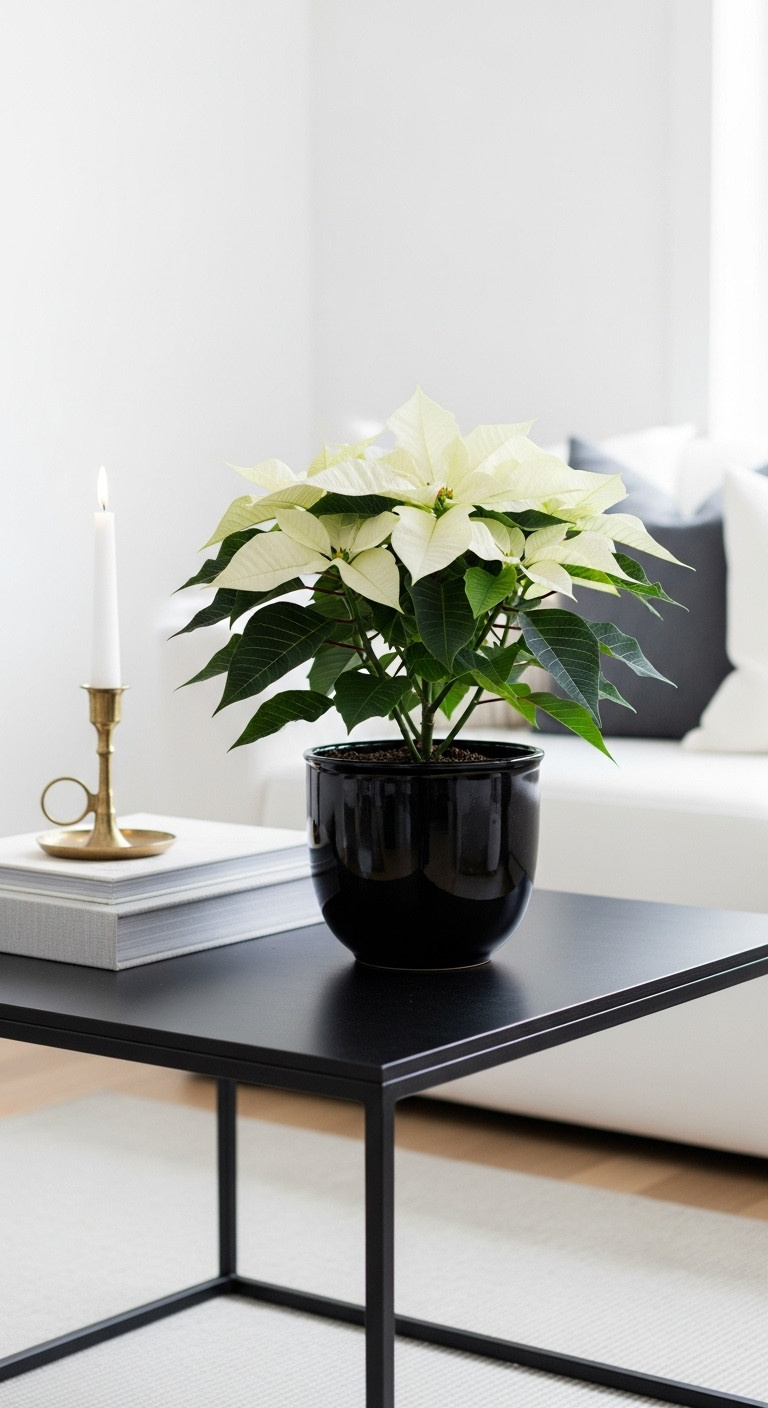 Black coffee table Christmas decor minimalist white poinsettia black ceramic pot brass candlestick modern living room high contrast