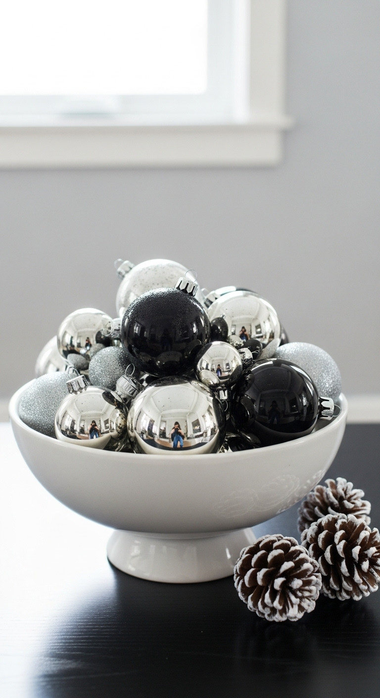 Black coffee table Christmas decor monochromatic ornaments footed bowl silver mercury glass frosted pinecones modern minimalist style