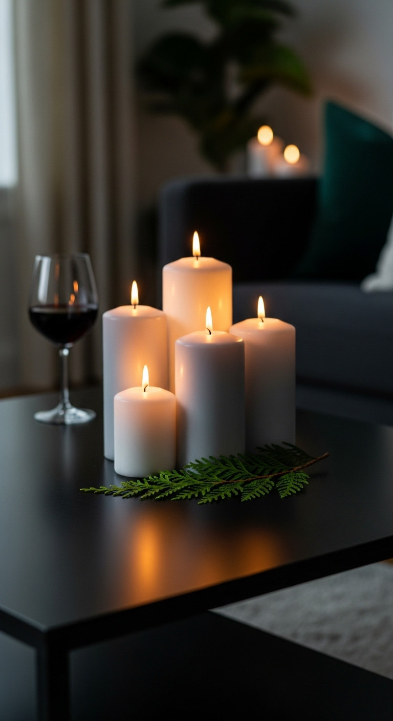 Black coffee table Christmas decor pillar candles cedar sprig glowing ambient light cozy evening living room romantic atmosphere