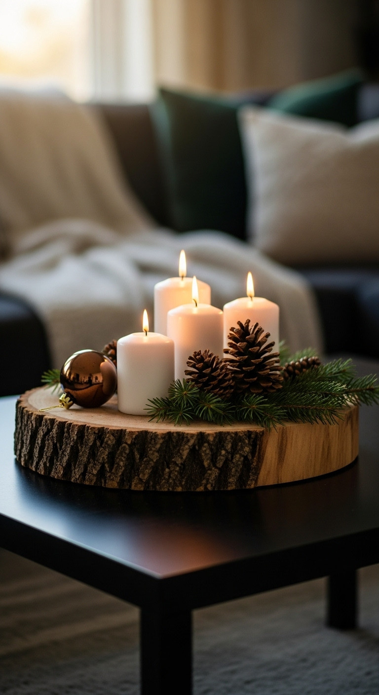 Black coffee table Christmas decor rustic wood slice candles pinecones fresh pine cozy blanket bronze bauble natural festive setup