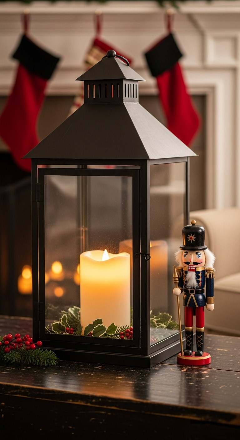 Black coffee table Christmas decor vintage metal lantern LED candle wooden nutcracker holly sprigs cozy evening fireplace stockings