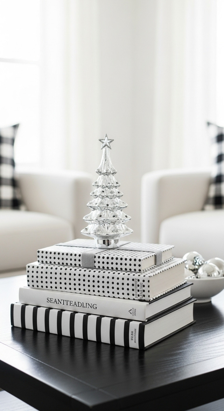 Black coffee table Christmas decor wrapped books glass Christmas tree figurine silver accents minimalist modern living room styling
