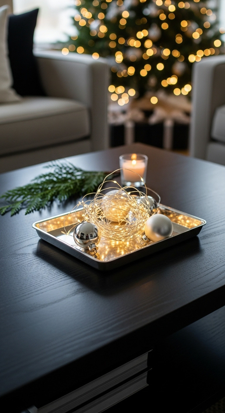 Black coffee table decor Christmas silver tray twinkle lights baubles cedar sprig pillar candle festive living room