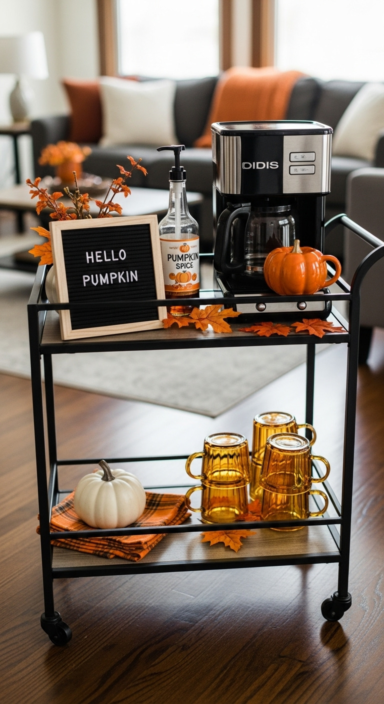 Black metal bar cart decorated for fall with a coffee maker pumpkin spice syrup themed mugs and autumn decor