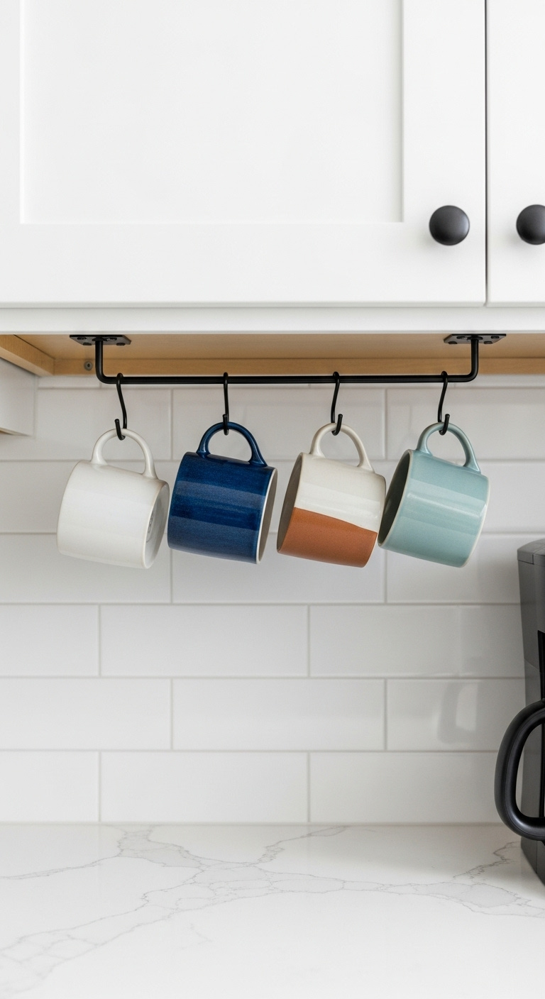 Black metal hooks under a white kitchen cabinet with colorful mugs hanging and a coffee maker below