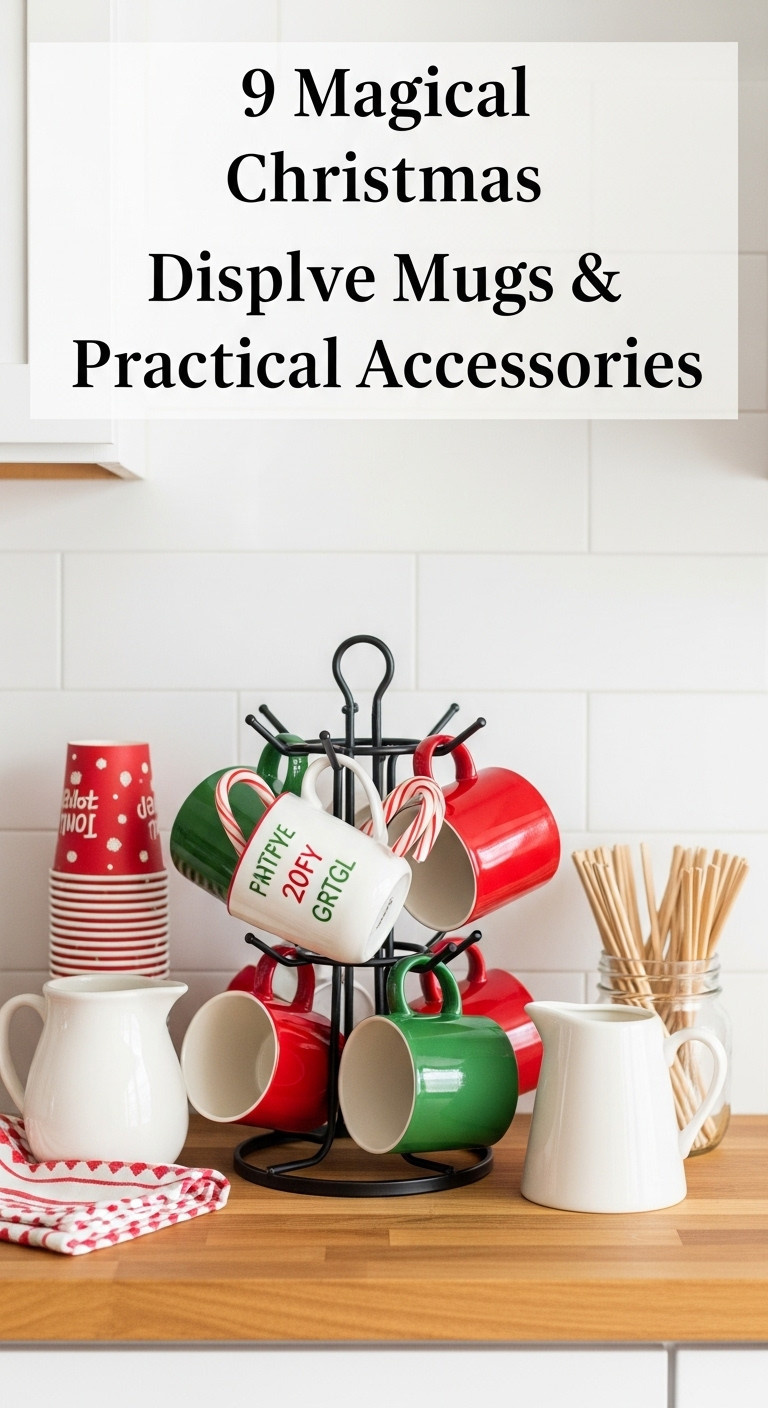 Black metal mug rack with mismatched Christmas mugs and candy canes on a butcher block countertop