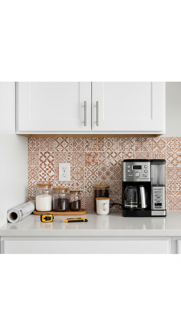 Boho inspired peel and stick tile backsplash with a geometric pattern behind a coffee station on a countertop