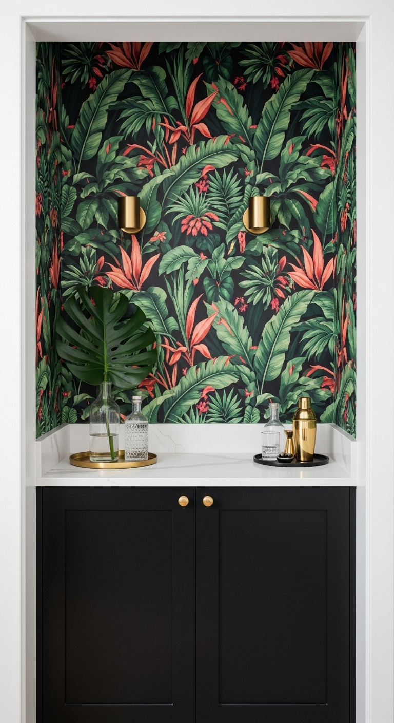 Bold statement pantry bar with vibrant tropical leaf wallpaper sleek black cabinets and white countertop