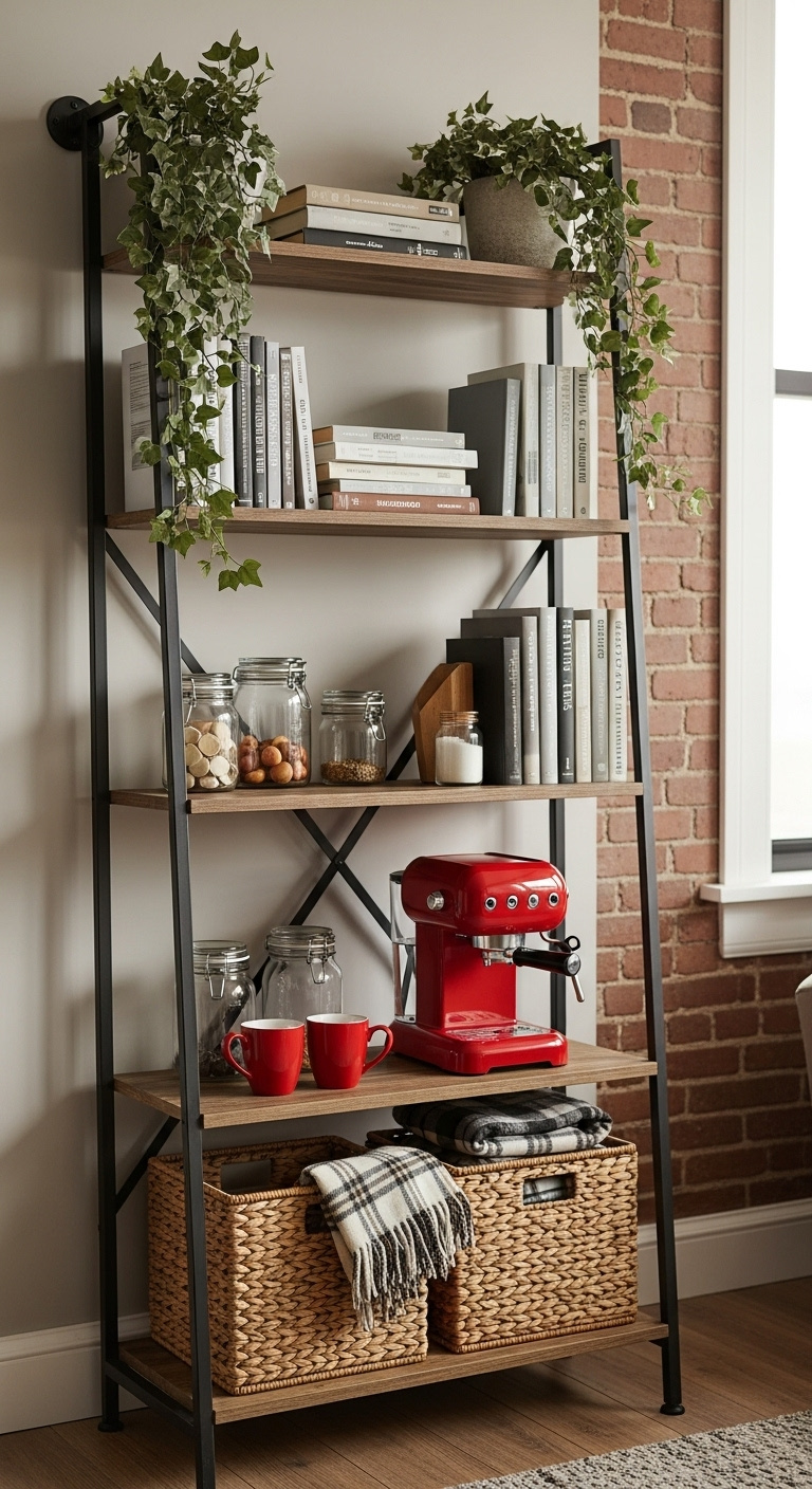 Bookshelf converted into beverage station with red retro espresso machine mugs and glass jars on wood shelves
