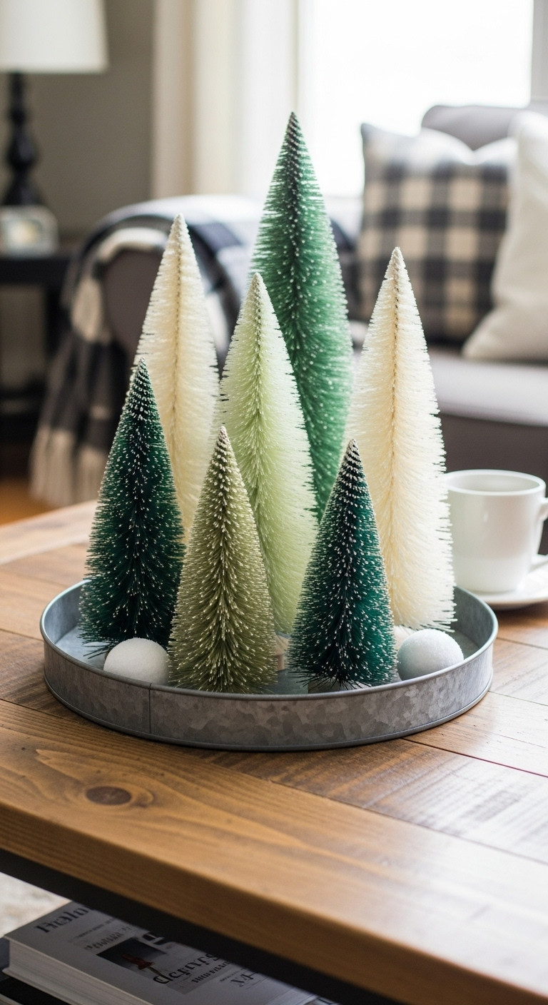 Bottle brush trees in green and white clustered on a galvanized metal tray on a reclaimed wood coffee table in a cozy family room