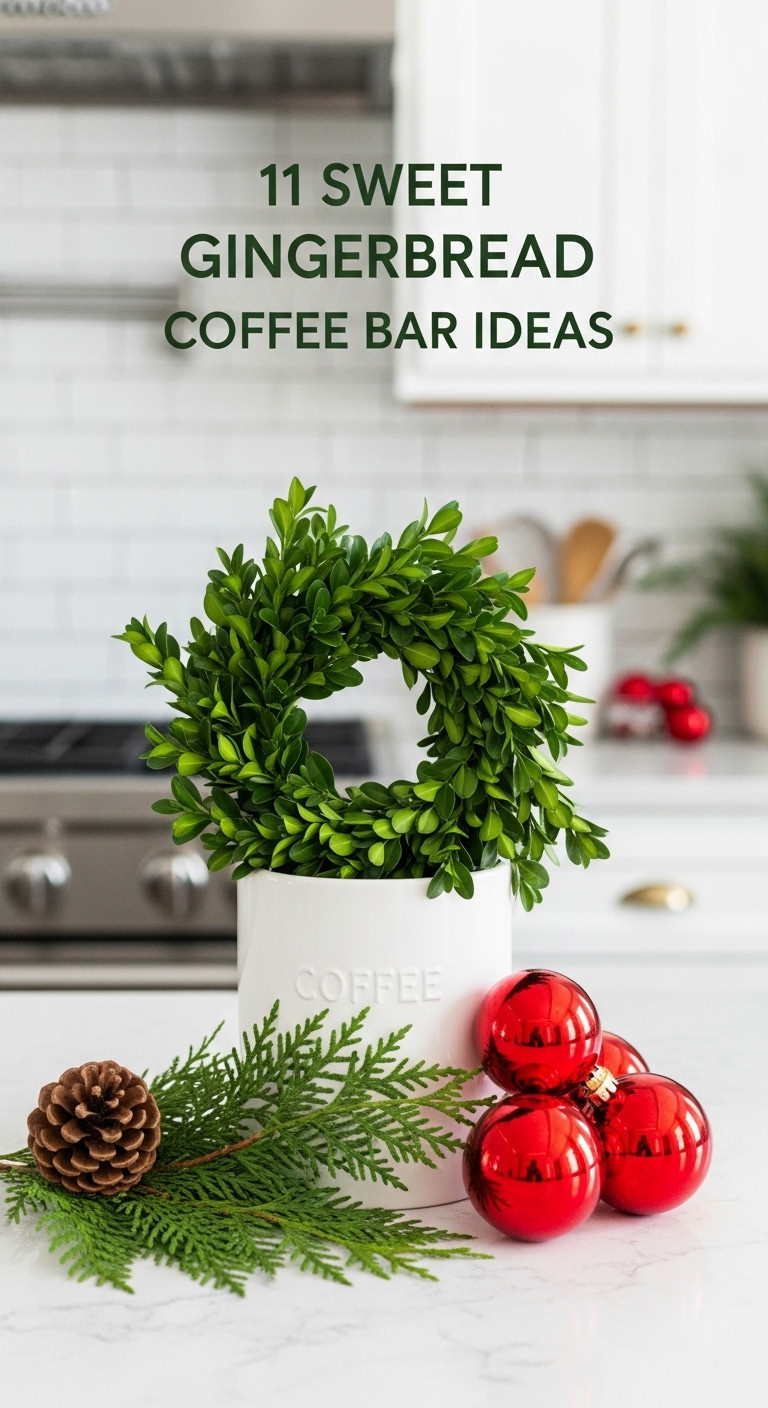Boxwood wreath at the base of a white coffee canister with red ball ornaments on a light gray quartz countertop