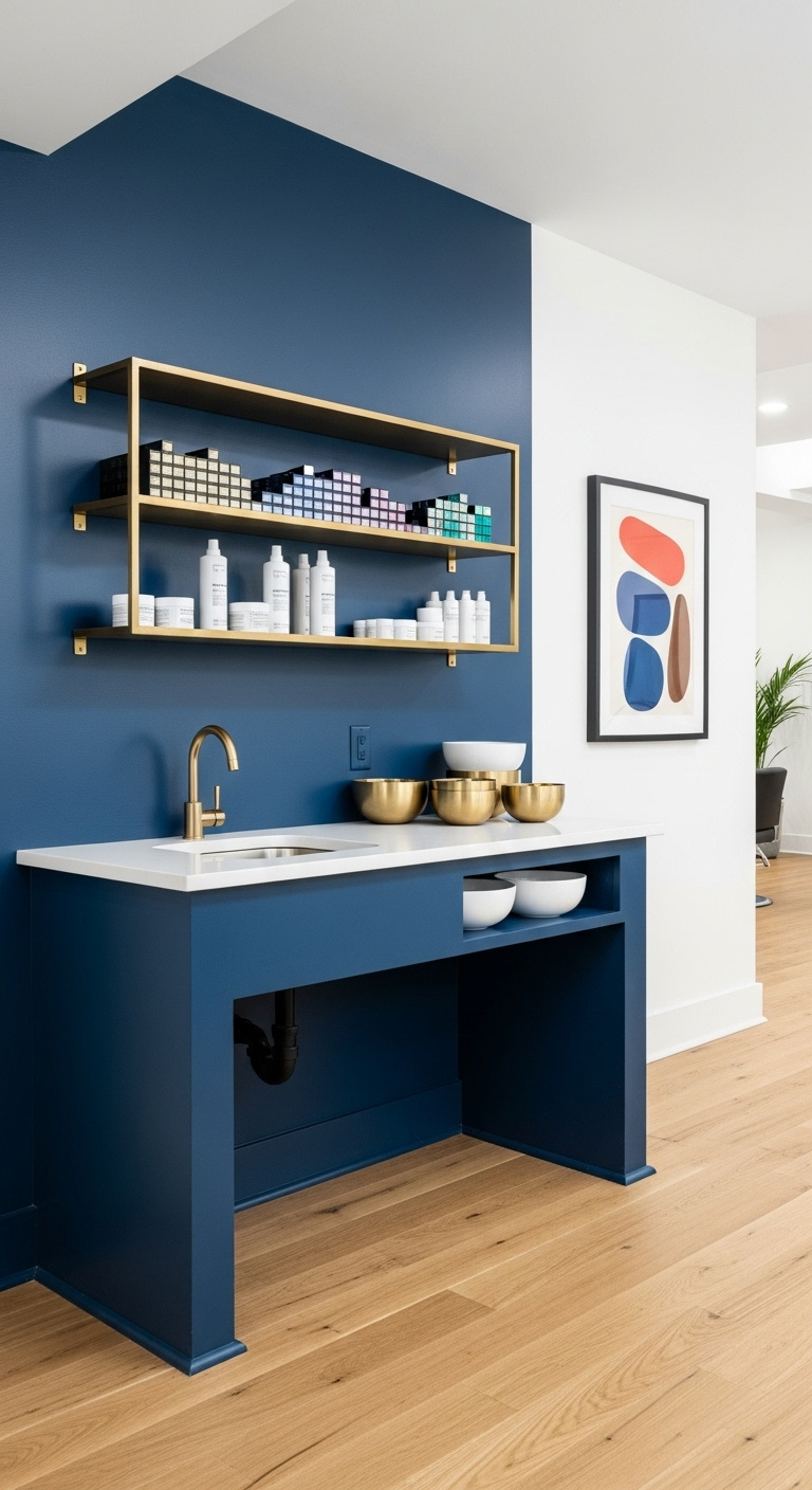 Branded accent wall salon mixing station in deep navy blue with brass floating shelves and white countertop