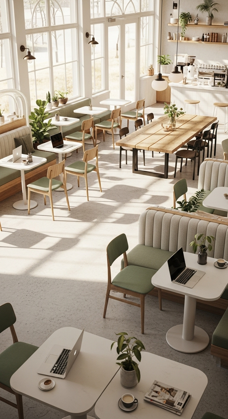 Bright airy coffee shop interior with modular tables a communal wooden table and upholstered booths on a polished concrete floor with minimalist decor