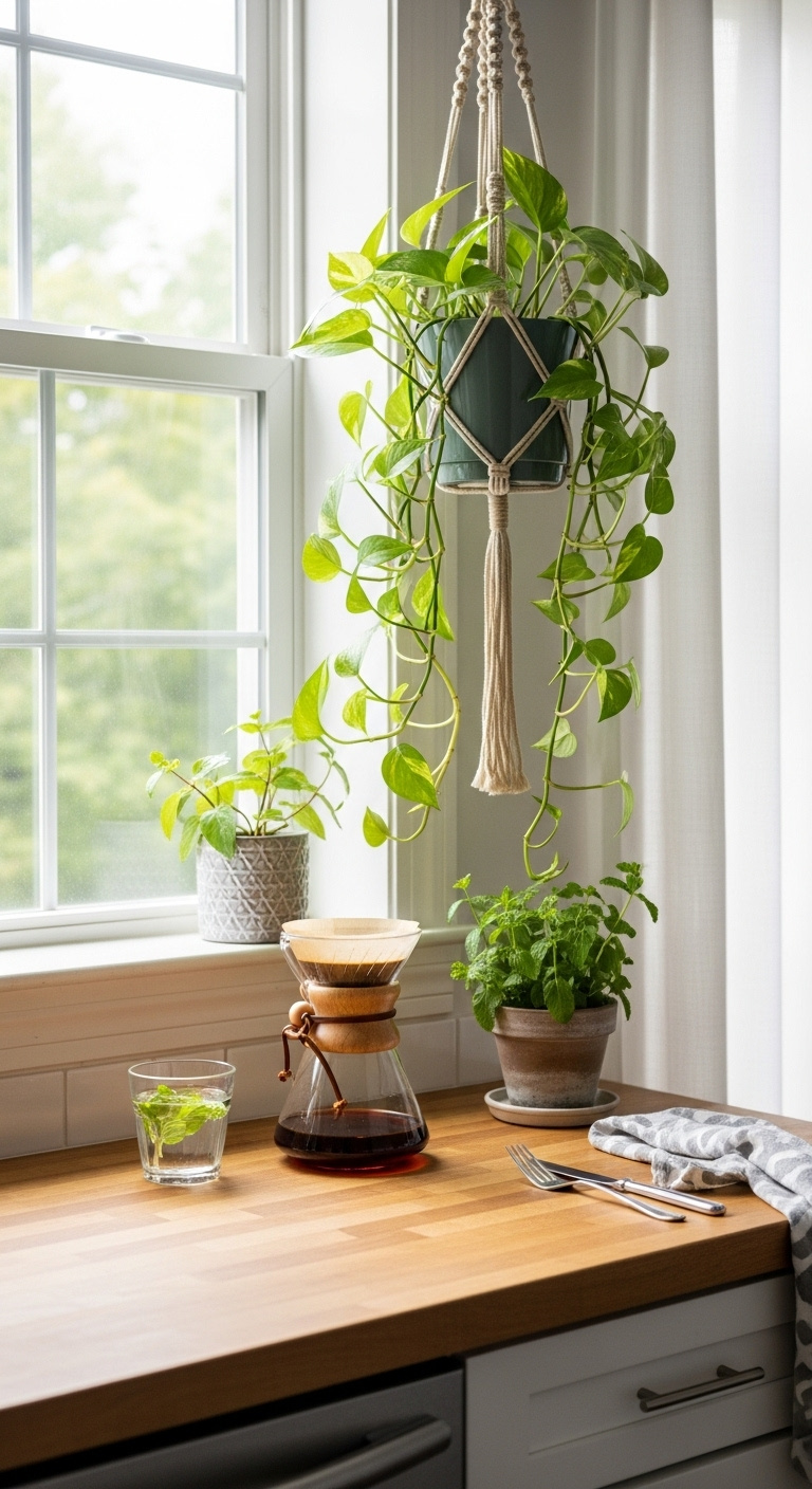 Bright coffee corner with pour-over setup hanging pothos plant and fresh mint on a butcher block counter by a sunny window