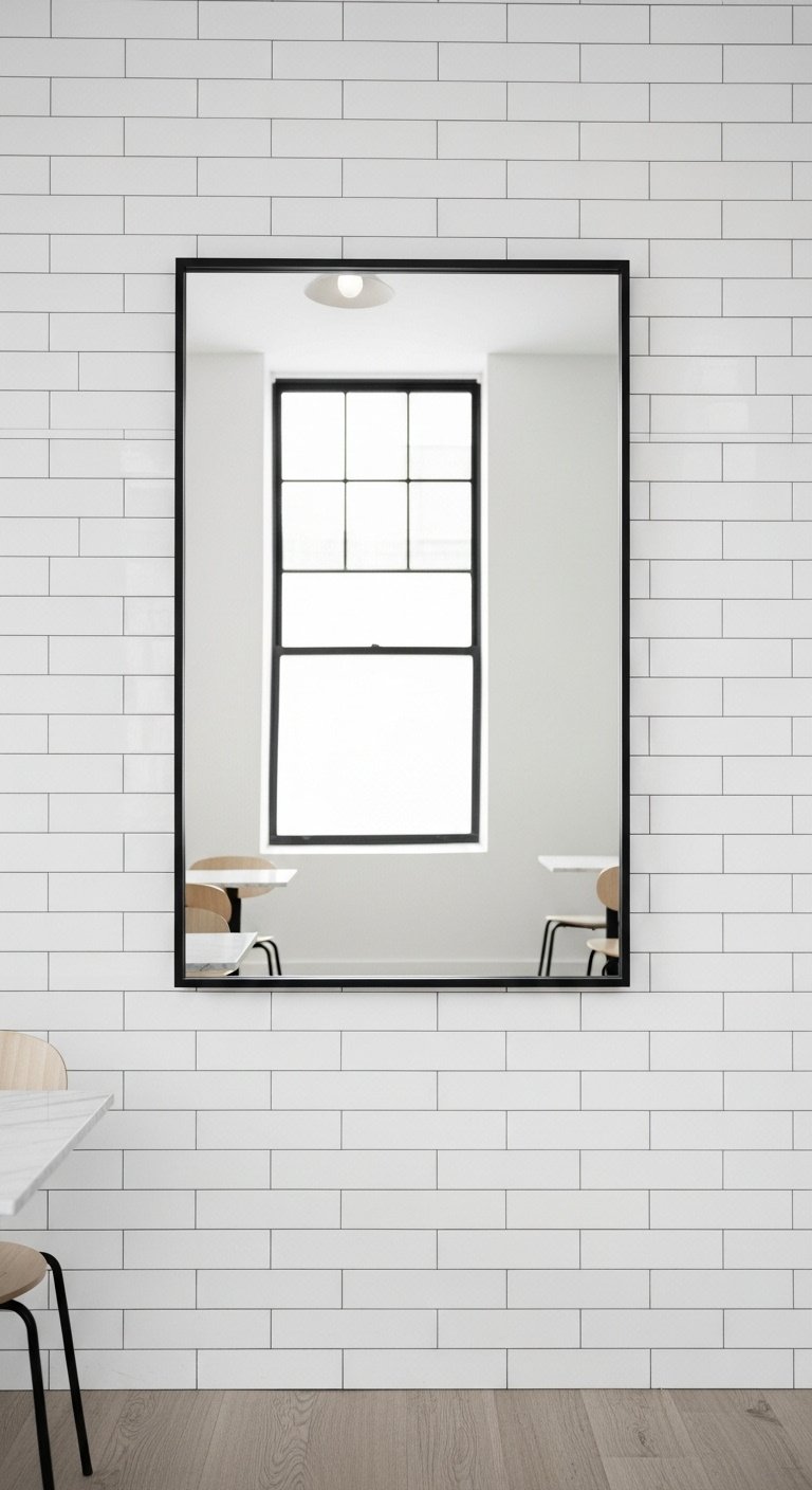 Bright mini cafe wall with glossy white subway tiles and a large black framed mirror reflecting a window, creating an illusion of space