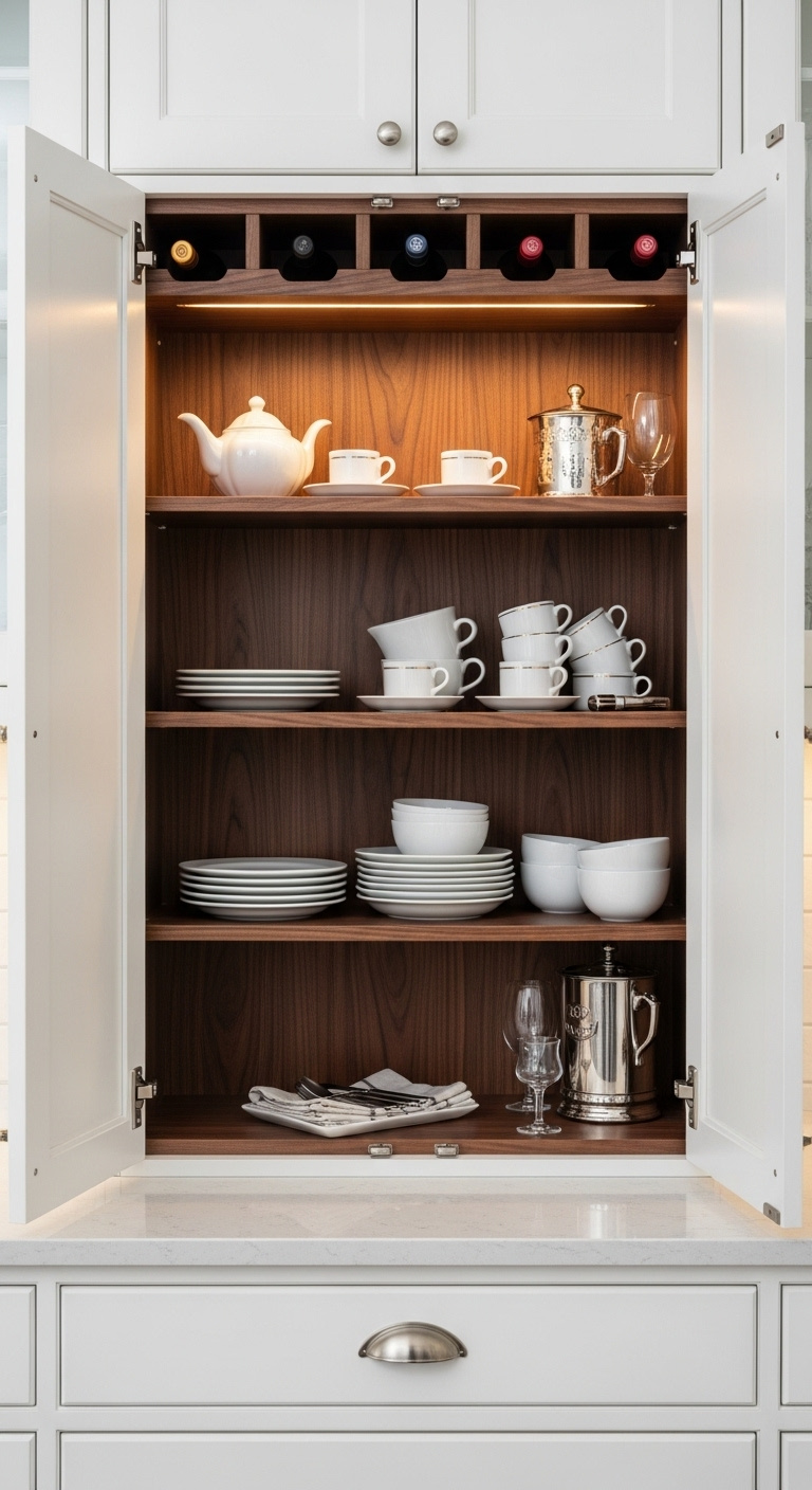 Brilliant coffee wine cabinet setup with espresso maker and dark wood finish