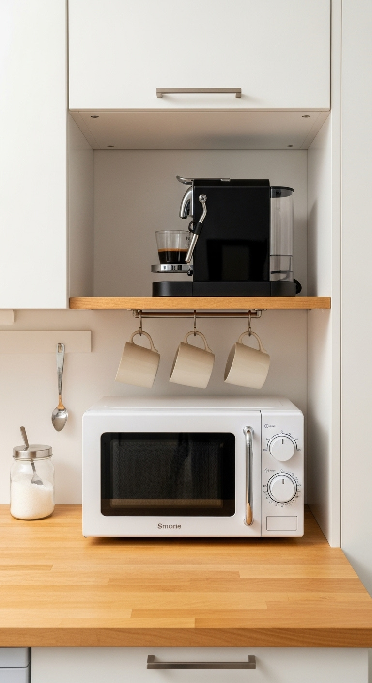Brilliant kitchen espresso station with quartz counter and stylish mugs