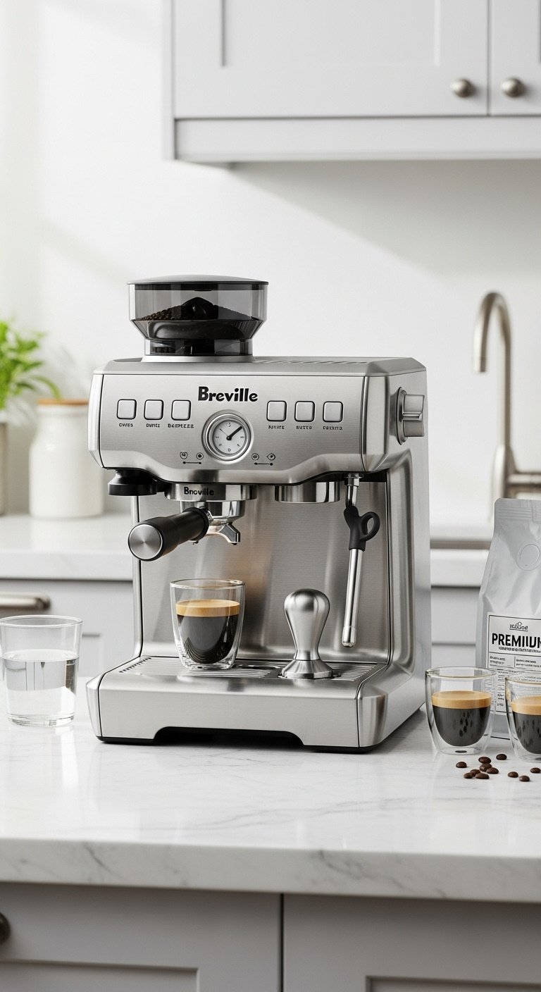 13 Pretty Espresso Machines That Look As Good As They Brew 6 Brushed stainless steel Breville Barista Express Impress with integrated grinder and tamping lever on a white marble countertop