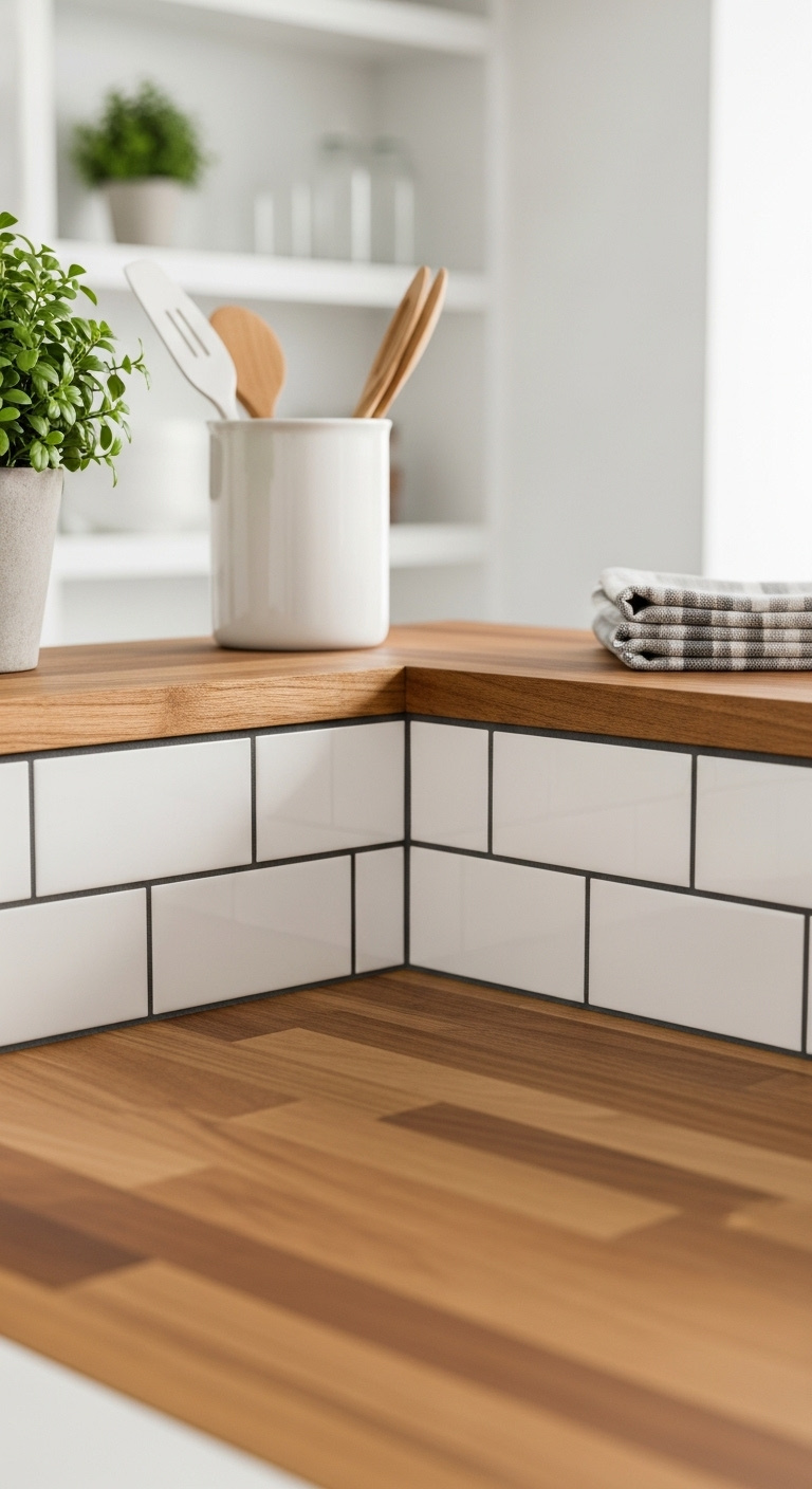 Budget friendly DIY basement bar with white subway tile backsplash dark grout and warm oiled butcher block countertop