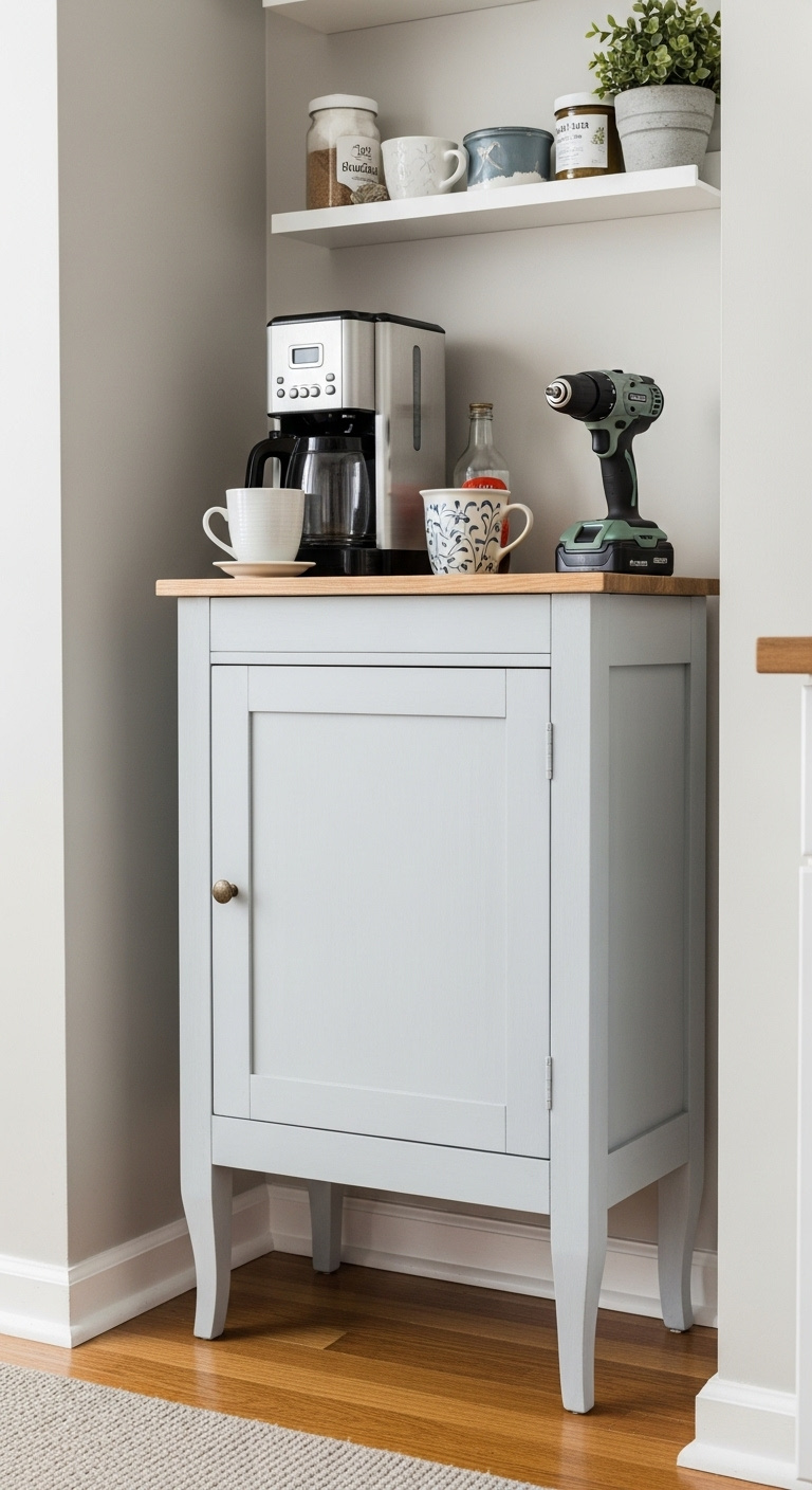 Budget friendly IKEA IVAR cabinet hack coffee nook with paint new hardware and legs