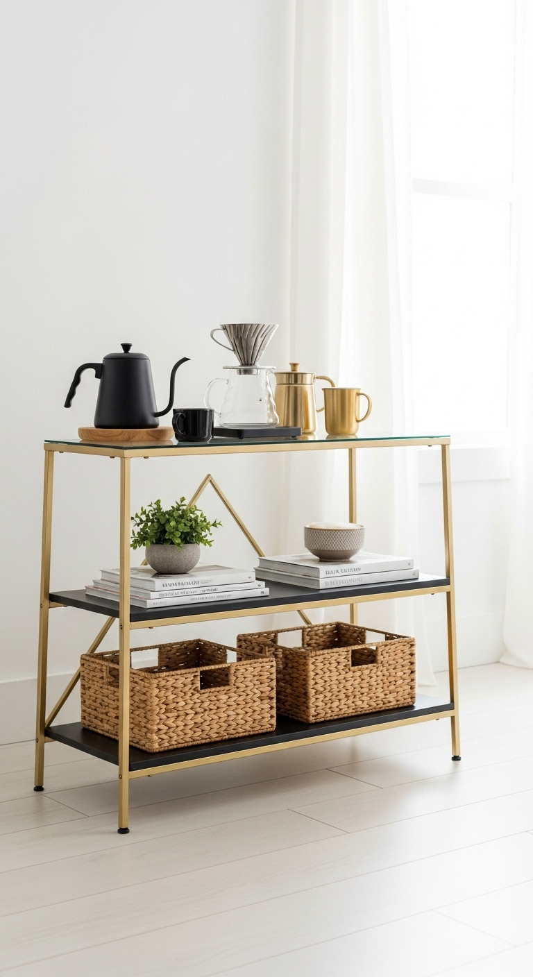 Budget friendly IKEA VITTSJÖ hack coffee bar with a gold spray painted frame glass top and pour over coffee setup