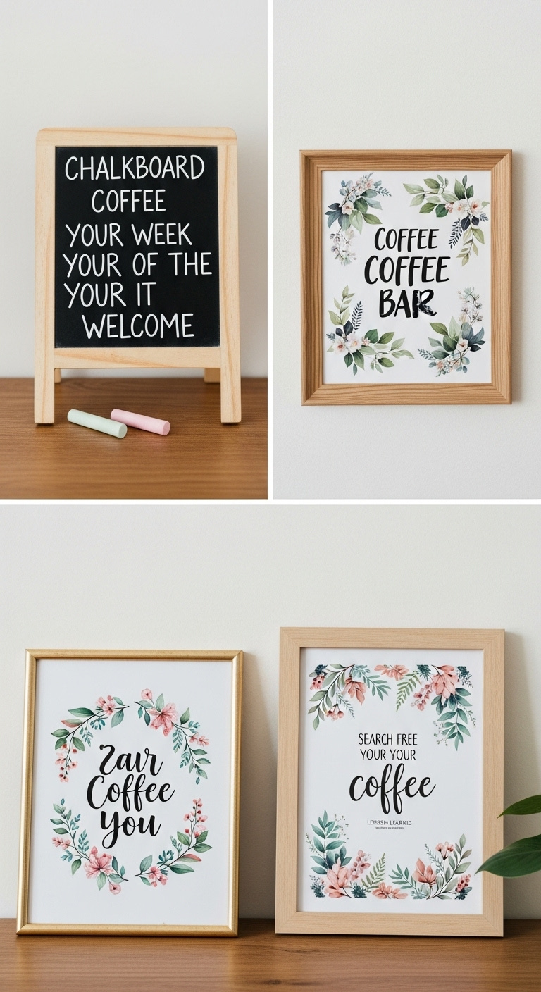 Budget friendly art and signage featuring a small chalkboard with a coffee quote and a framed botanical print