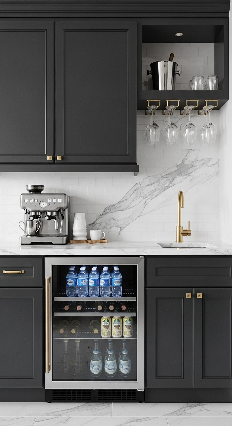 Built-in beverage station with charcoal cabinets mini fridge marble counter and espresso machine