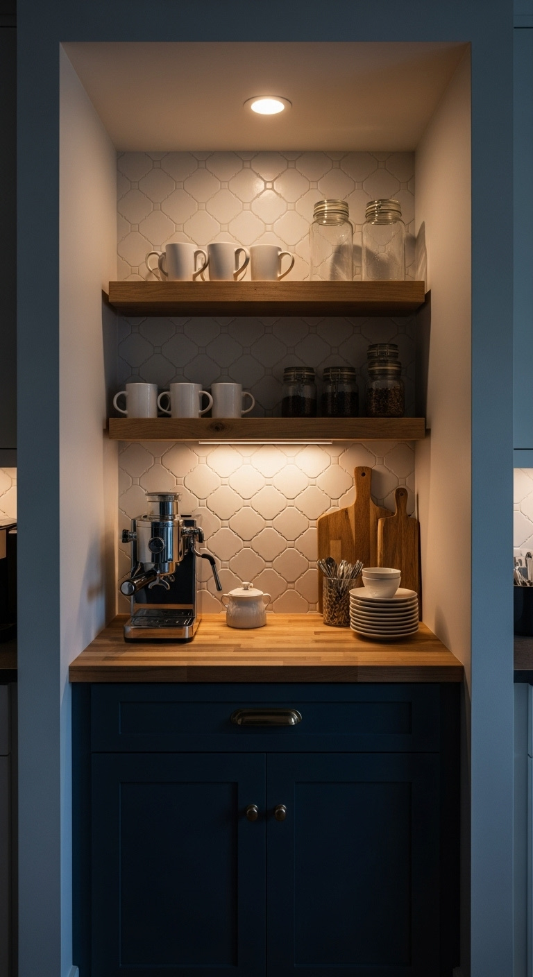 Built-in coffee bar nook with dark blue cabinet butcher block counter patterned tile backsplash and floating shelves