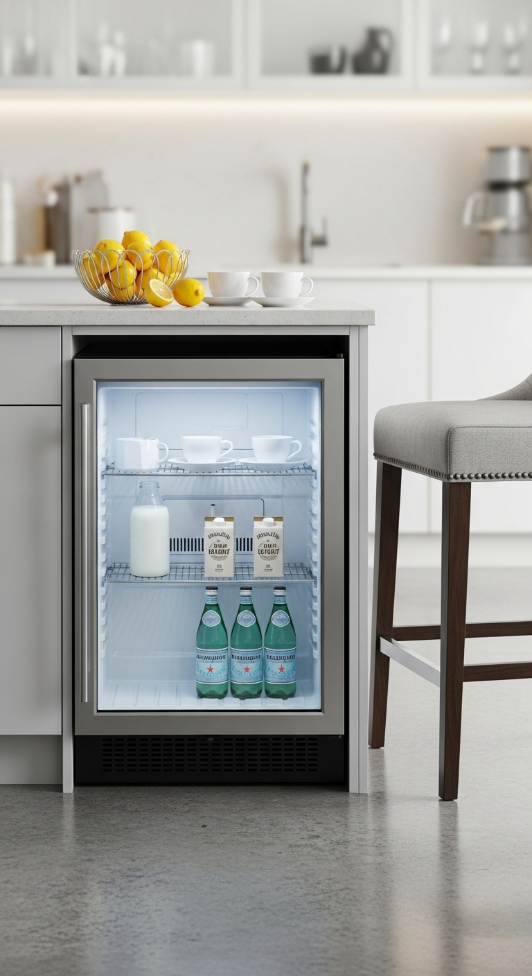 Built-in coffee bar with under-counter mini fridge stocked with milk, elegant upholstered bar stool, and fresh lemons on the countertop