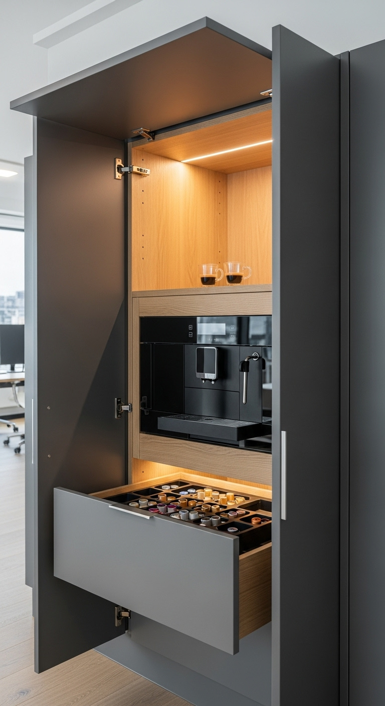 Built-in coffee cabinet with pocket doors revealing hidden station light oak interior and high-end machine