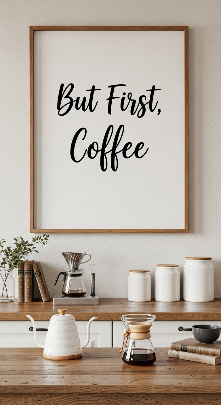 But First Coffee sign anchor on wood-framed sign above pour-over coffee maker gooseneck kettle and ceramic canisters