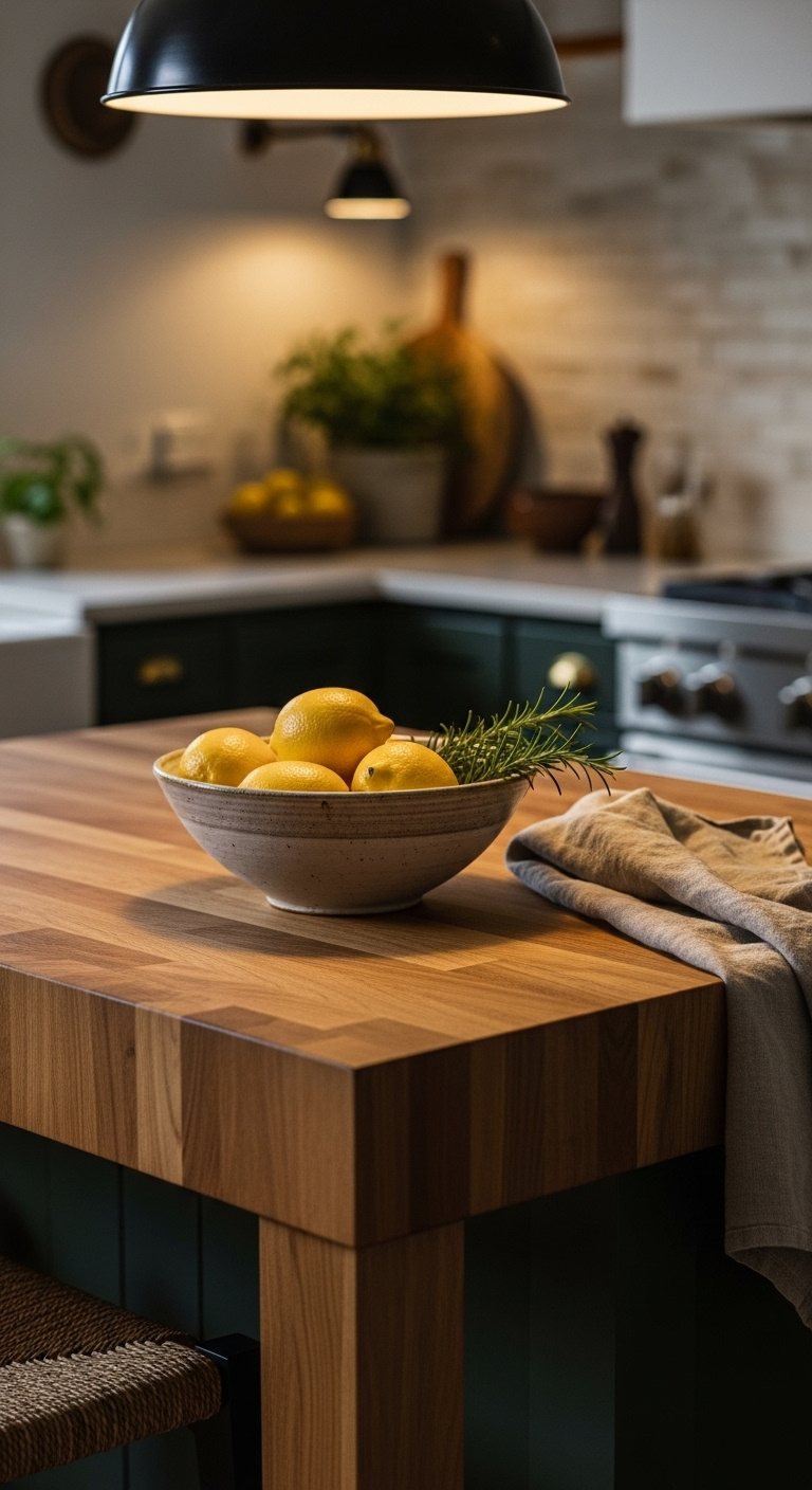 Butcher block kitchen island with handcrafted ceramic bowl of lemons rosemary and linen tea towel against stone backsplash and dark green cabinets