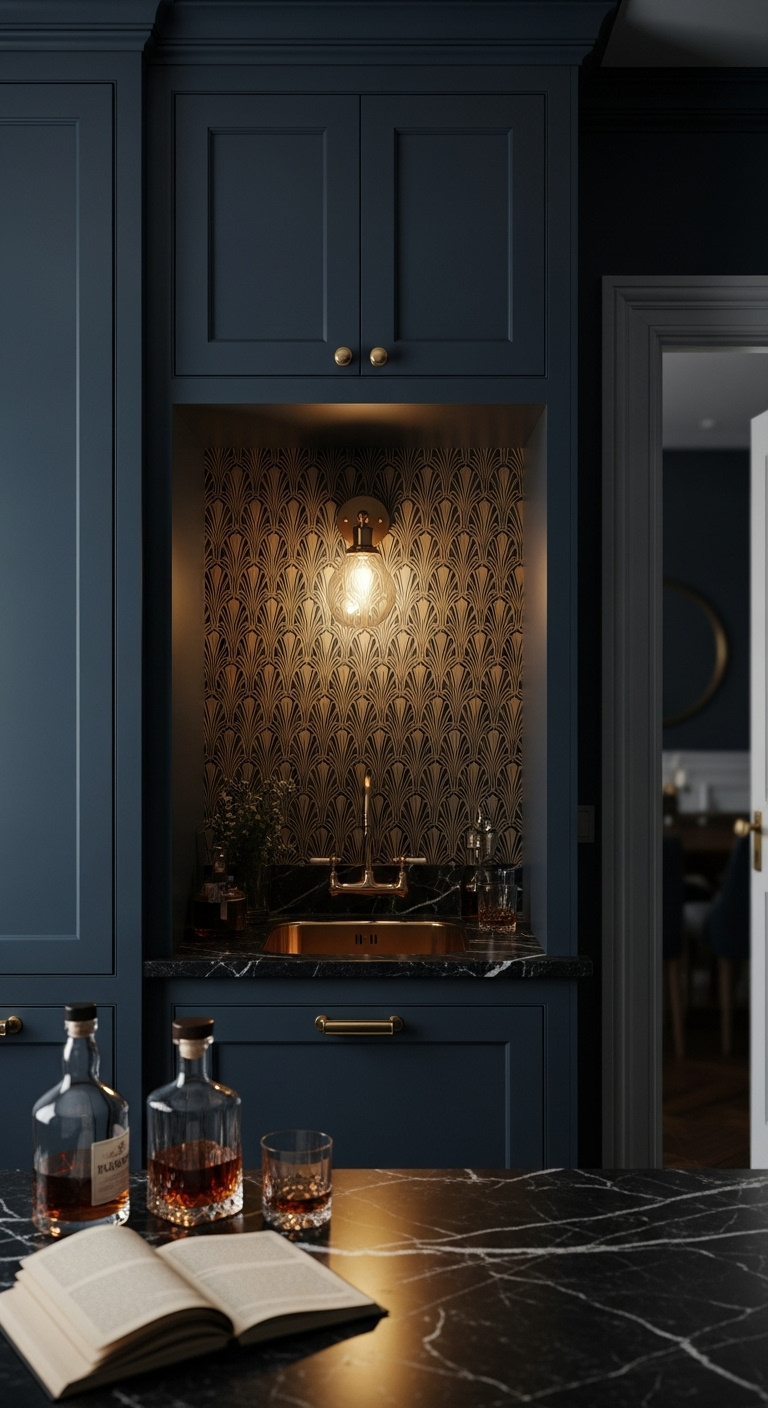 Butler's pantry converted to a hidden wet bar with navy cabinets, gold art-deco wallpaper, and brass sink