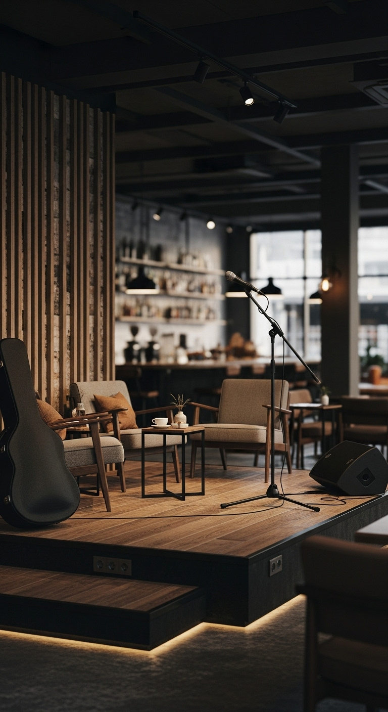 Cafe section with a raised stage microphone stand low tables and armchairs used for both seating and live events
