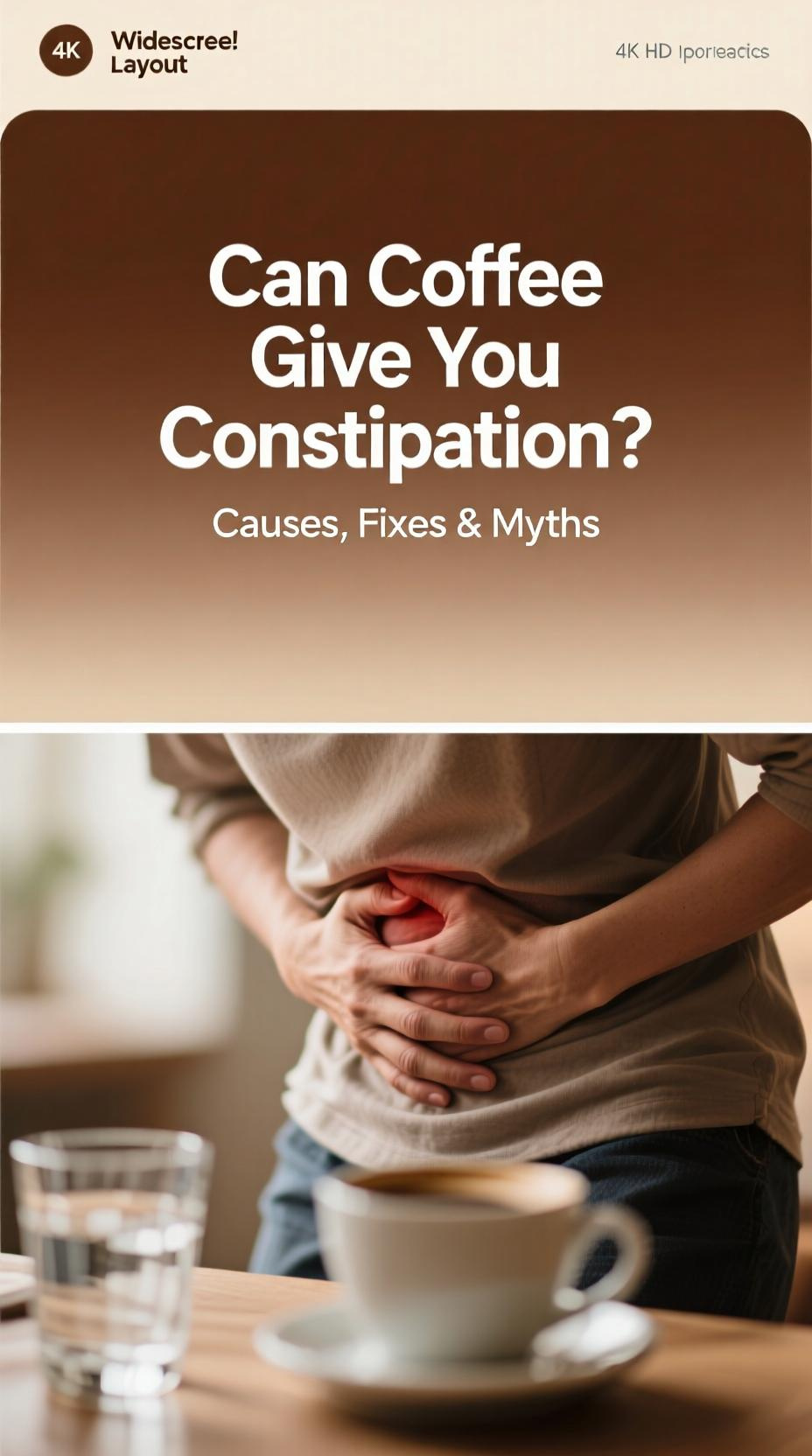 A coffee cup next to a diagram of the digestive system, illustrating the connection for the topic can coffee give you constipation.